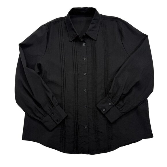 Womens Linen Blend Pleated Blouse Long Sleeves Lagenlook Minimalist Black XXL - Picture 1 of 12